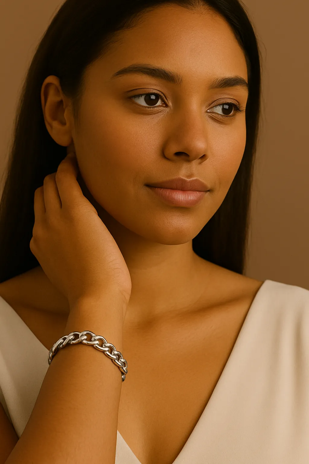 Eine Frau mit Edelstahl Armbänder
